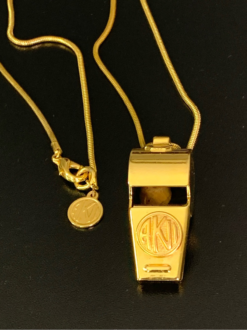 Vintage Anne Klein Gold-Tone Whistle Pendant Necklace 32"/Iconic Statement Pie